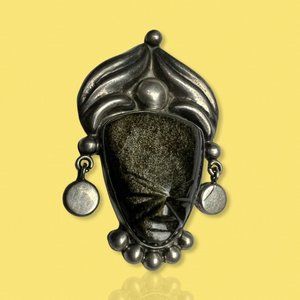 ERR Mexico Sterling 925 Brooch Pendant Carved Aztec Warrior Face Green Onyx?
